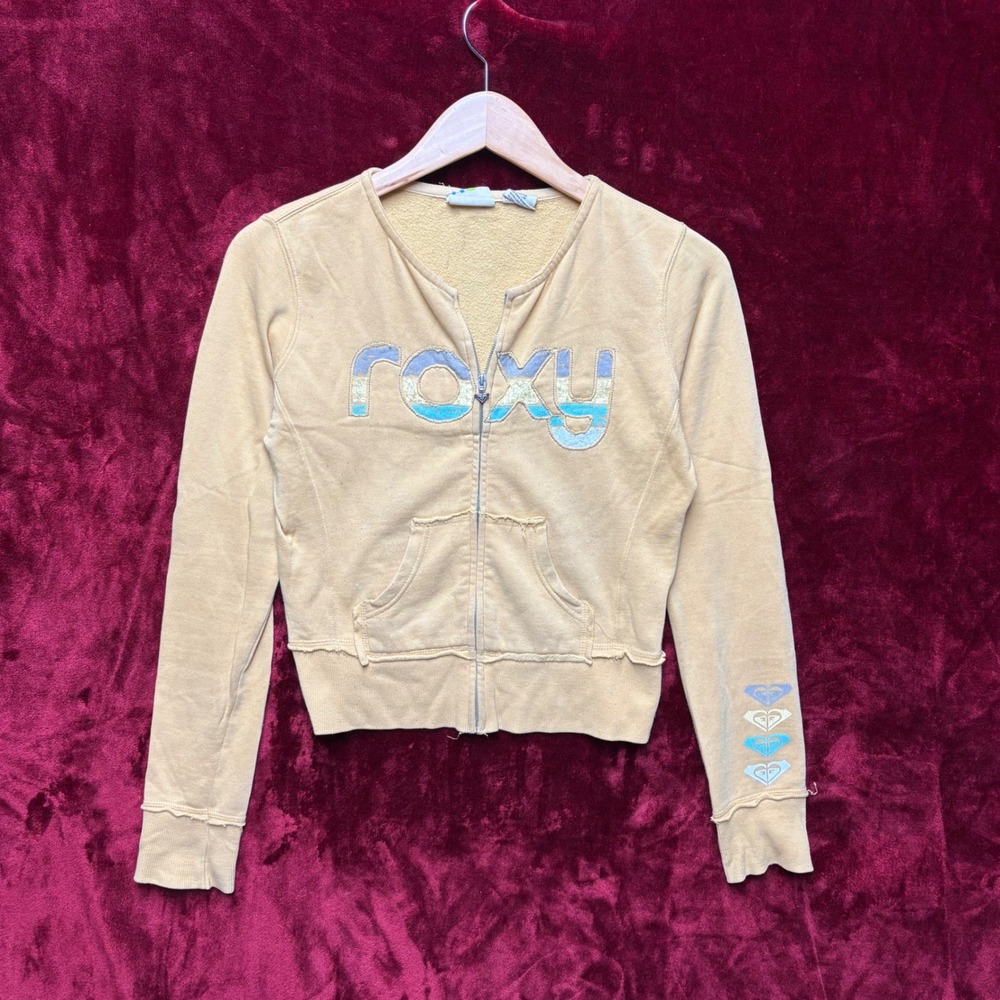 Vtg Y2K Roxy Yellow Zip Up Sweatshirt Cropped V-Neck Logo XS